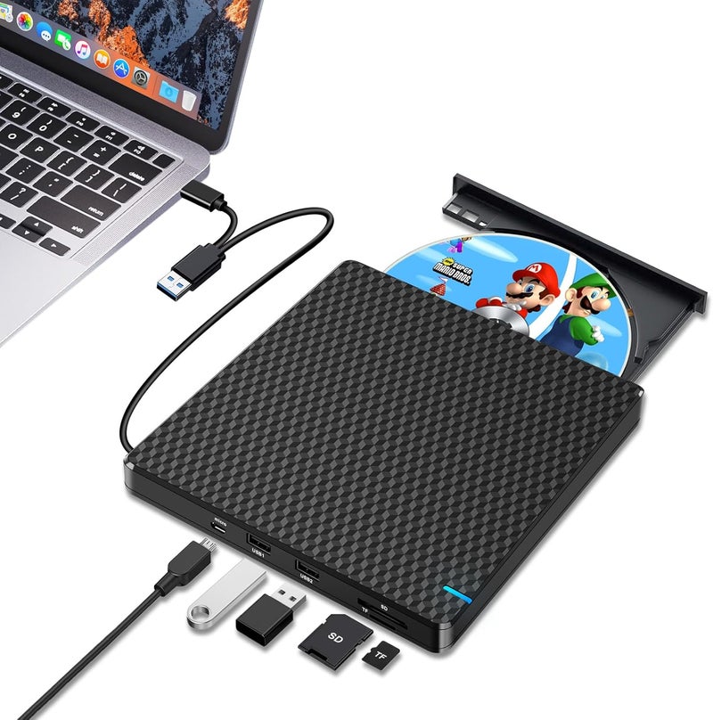 Guamar External CD DVD Drive: USB-C CD Burner Portable DVD Player Disc Reader for Laptop PC MacBook Mac Windows 11/10 with SD/TF Slot/2 USB Ports Plug & Play (Black) - Image 1